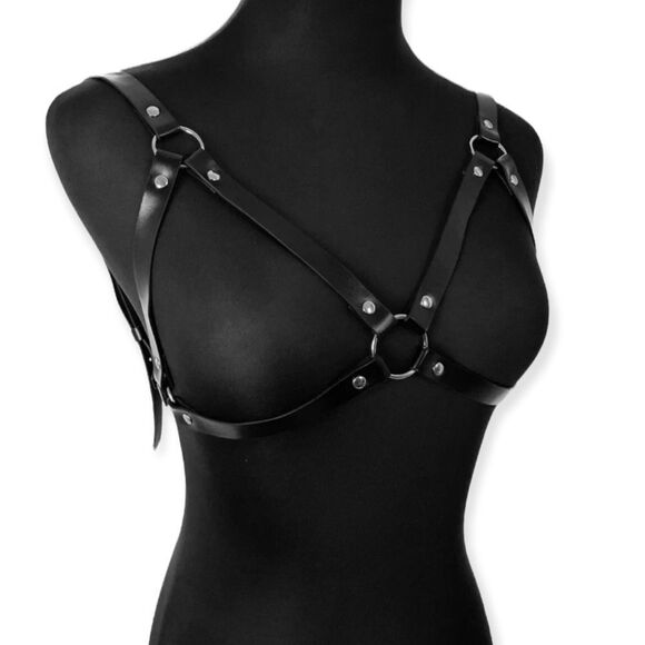 Black Cut Out Bra Cage Chest Harness Silver Hardware Body Harness NEW - Picture 3 of 4